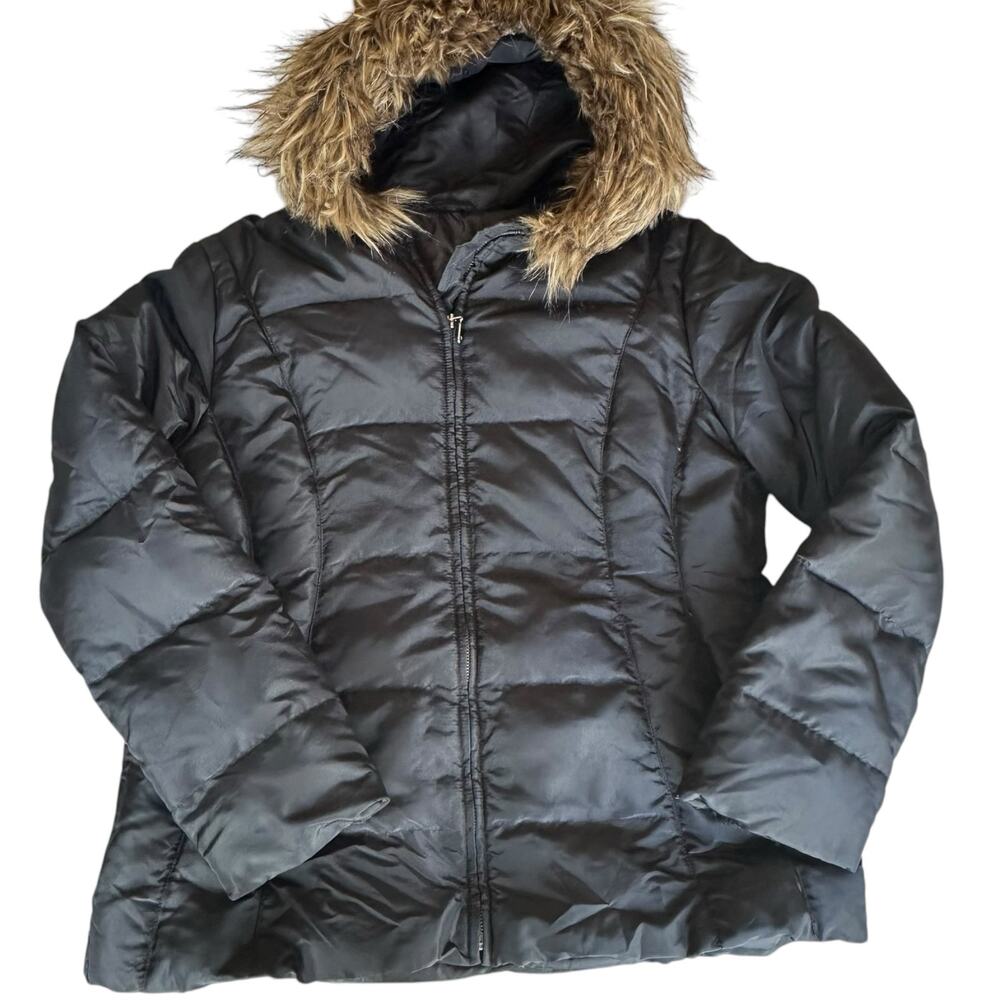 Womens Coat Size Large Black Fox Tail Fur Trim Puffer Down Jacket Winter Cold - Picture 1 of 8